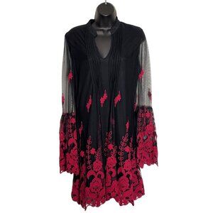 Black & Red Embroidered Long Sleeve Tunic Dress By Niza Size 38 Sheer Sleeve